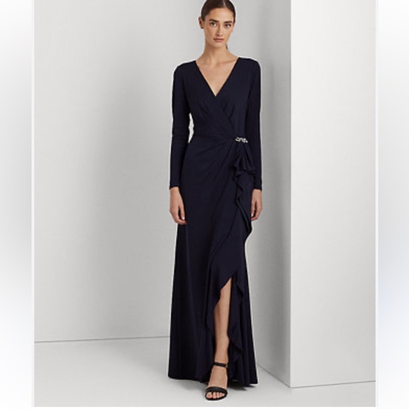 Ralph Lauren Stretch Matte Jersey Ruffle Trim Evening Gown Classic Navy 4 NEW - Picture 1 of 16